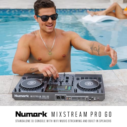 Numark Mixstream Pro Go Portable DJ Controller with Battery, Mixer with Stem Separation, Speakers, WiFi Streaming, Touchscreen, works with Serato DJ