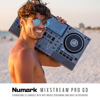 Numark Mixstream Pro Go Portable DJ Controller with Battery, Mixer with Stem Separation, Speakers, WiFi Streaming, Touchscreen, works with Serato DJ