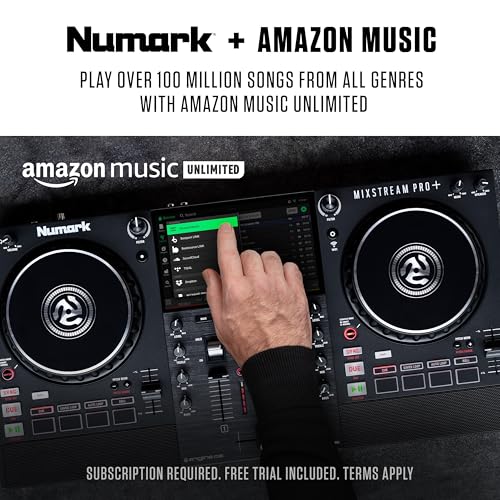 Numark Mixstream Pro+ DJ Controller with Stem Separation, 2 Decks, Wi-Fi Streaming, Mixer, 7" Touchscreen, Speakers, works with Serato and Virtual DJ