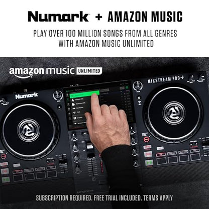 Numark Mixstream Pro+ DJ Controller with Stem Separation, 2 Decks, Wi-Fi Streaming, Mixer, 7" Touchscreen, Speakers, works with Serato and Virtual DJ