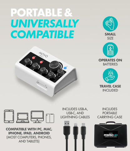 Movo Portable Podcast Equipment Bundle for iPhone/Android Phones- Podcast Kit with Audio Interface, 2 CastMic Dynamic Mics, 2 Headphones, 2 Boom Arms - for Smartphones, Computers, PC and Mac