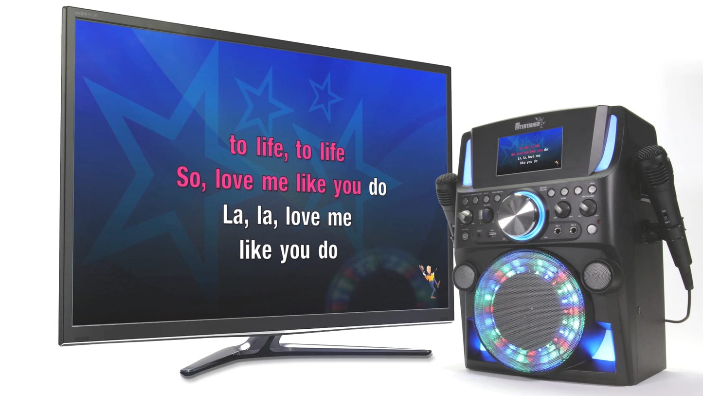 Groovebox Bluetooth CDG Karaoke Machine. Built in Screen & Disco Lights. Includes Songs & Microphones (Wireless Microphones + 200 Songs)