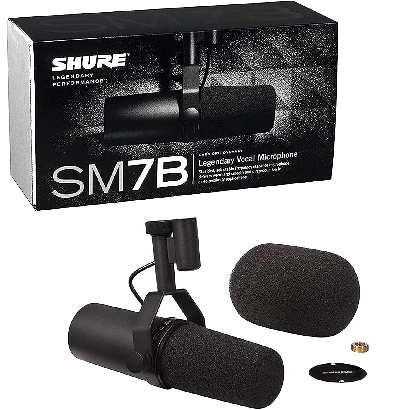 Shure SM7B Vocal Dynamic Microphone Broadcast, Podcast & Recording, XLR Studio Mic Music & Speech, Wide-Range Frequency, Warm & Smooth Sound, Rugged Construction, Detachable Windscreen - Black