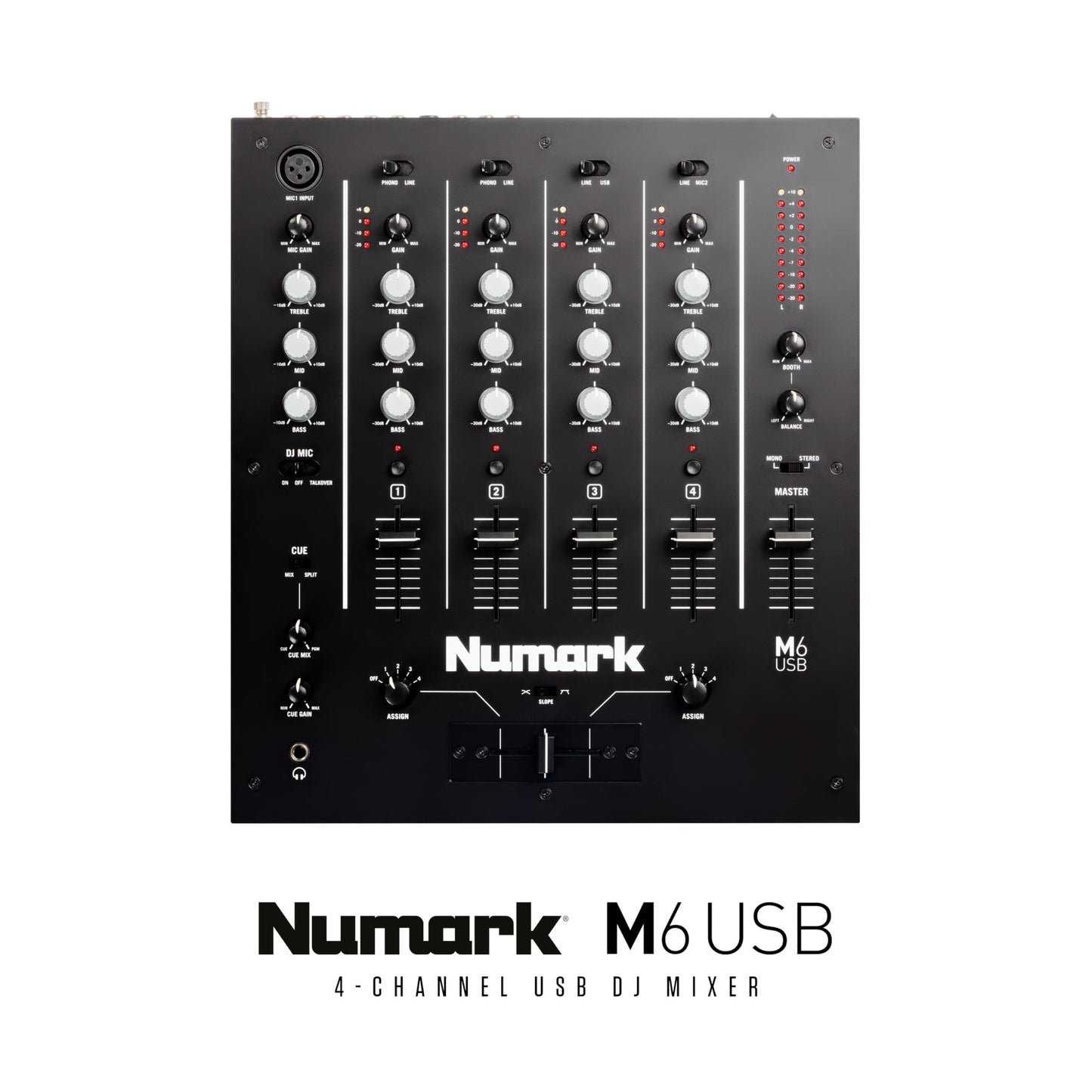 Numark M6 USB - 4-Channel DJ Mixer with Built-In Audio Interface, 3-Band EQ, Microphone Input and Replaceable Crossfader with Slope Control