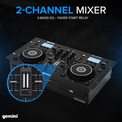 Gemini Sound Cdm-4000Bt Stand Alone Bluetooth Streaming Professional Dj Dual Deck Media Player Mixer Cd/Cdr USB Playback 2 Band EQualizer Manual Looping Sensitive Jog Wheels, Xlr Output, Anti-Shock