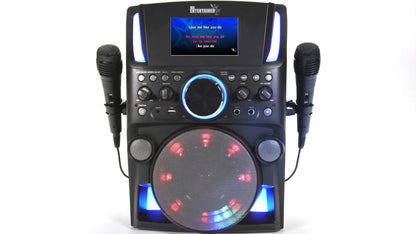 Groovebox Bluetooth CDG Karaoke Machine. Built in Screen & Disco Lights. Includes Songs & Microphones (Wireless Microphones + 200 Songs)
