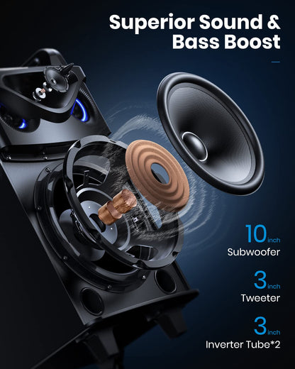 Moukey Karaoke Machine,10 Inch Subwoofer PA System,Bluetooth Speaker with 2 Wireless Microphones,Tablet Holder,Disco Lights,Remote,Wheels,Supports Bass/Treble Adjustment,TWS/REC/AUX/MP3/USB/FM/TF