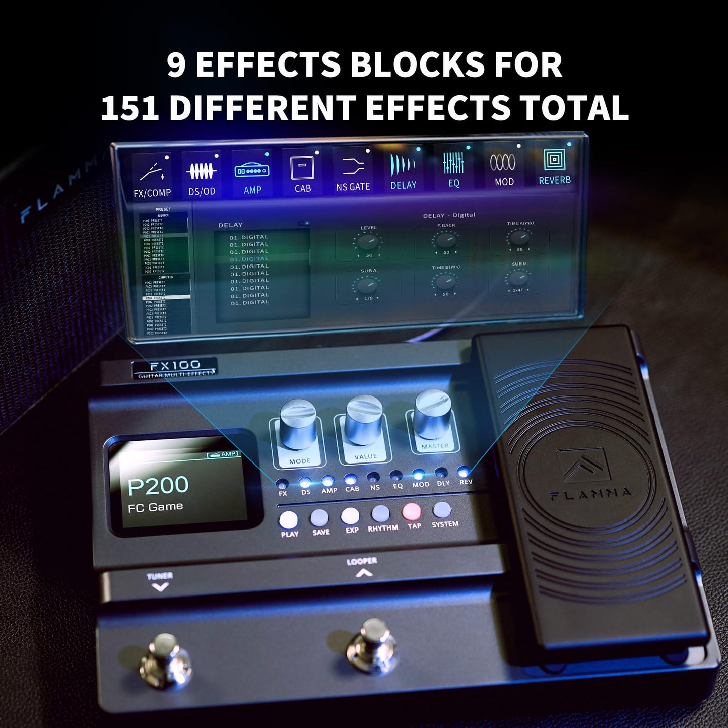 LAMMA FX100 Guitar Pedal Multi-Effects Processor with Looper Amp Modeling 151 Built-In Effects 200 Presets Expression Pedal 3rd Party IR Headphone OTG for Performance Practice Live Streaming