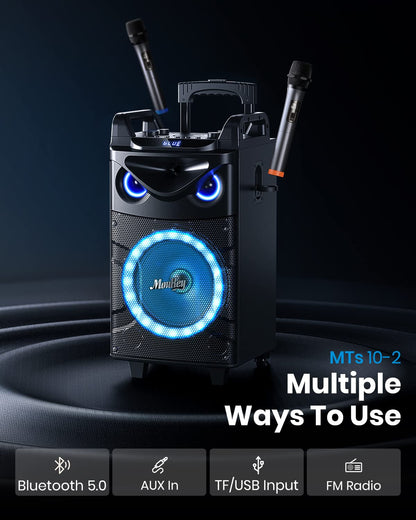 Moukey Karaoke Machine,10 Inch Subwoofer PA System,Bluetooth Speaker with 2 Wireless Microphones,Tablet Holder,Disco Lights,Remote,Wheels,Supports Bass/Treble Adjustment,TWS/REC/AUX/MP3/USB/FM/TF