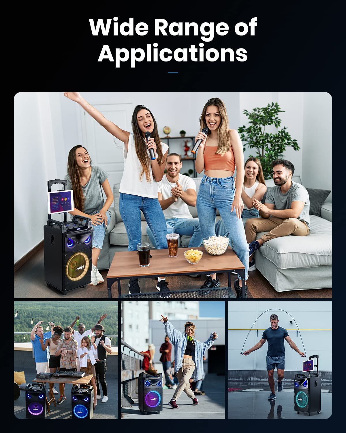 Moukey Karaoke Machine,10 Inch Subwoofer PA System,Bluetooth Speaker with 2 Wireless Microphones,Tablet Holder,Disco Lights,Remote,Wheels,Supports Bass/Treble Adjustment,TWS/REC/AUX/MP3/USB/FM/TF