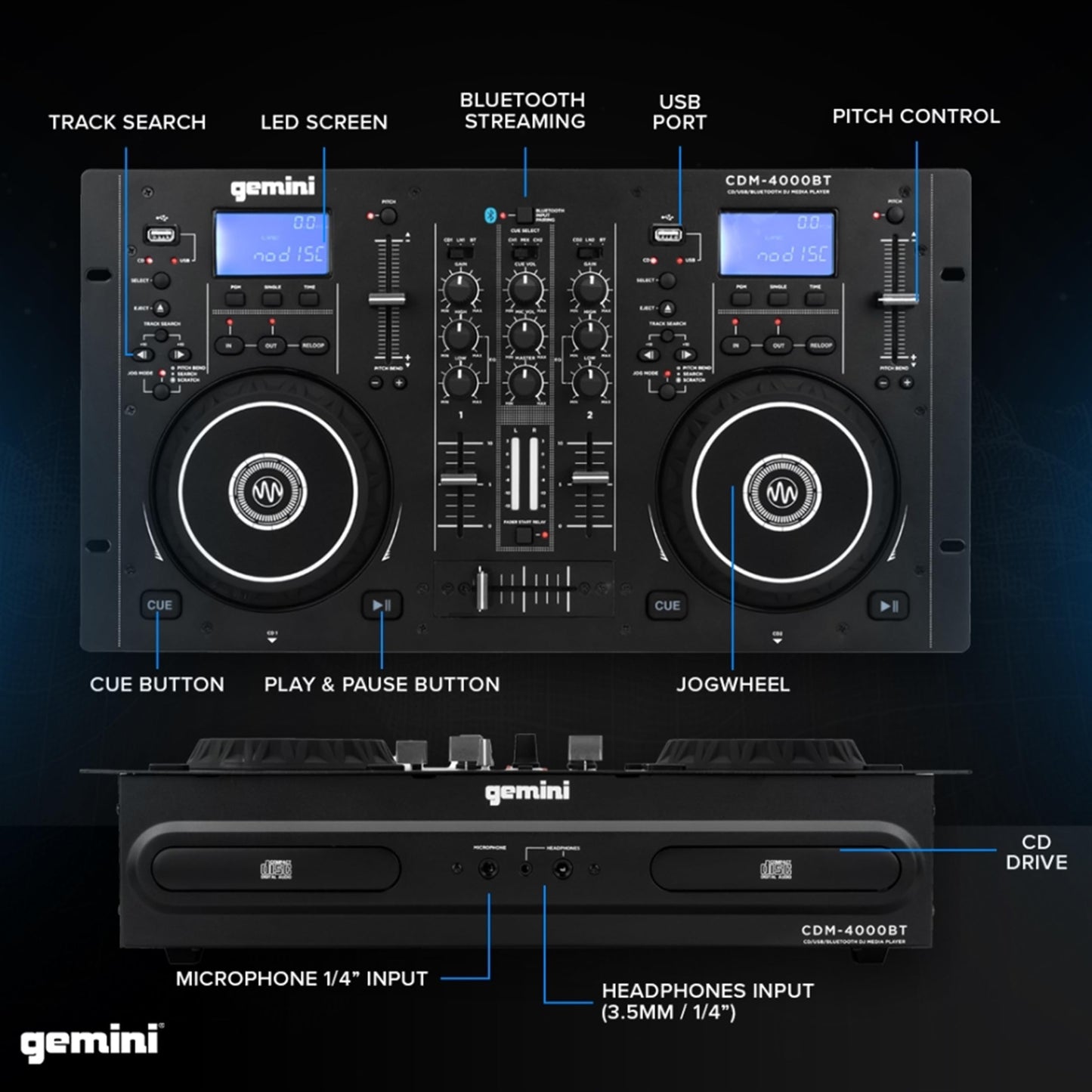 Gemini Sound Cdm-4000Bt Stand Alone Bluetooth Streaming Professional Dj Dual Deck Media Player Mixer Cd/Cdr USB Playback 2 Band EQualizer Manual Looping Sensitive Jog Wheels, Xlr Output, Anti-Shock