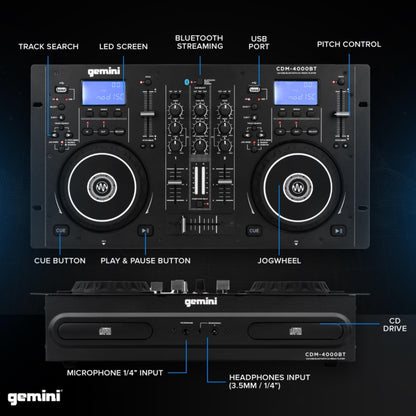 Gemini Sound Cdm-4000Bt Stand Alone Bluetooth Streaming Professional Dj Dual Deck Media Player Mixer Cd/Cdr USB Playback 2 Band EQualizer Manual Looping Sensitive Jog Wheels, Xlr Output, Anti-Shock