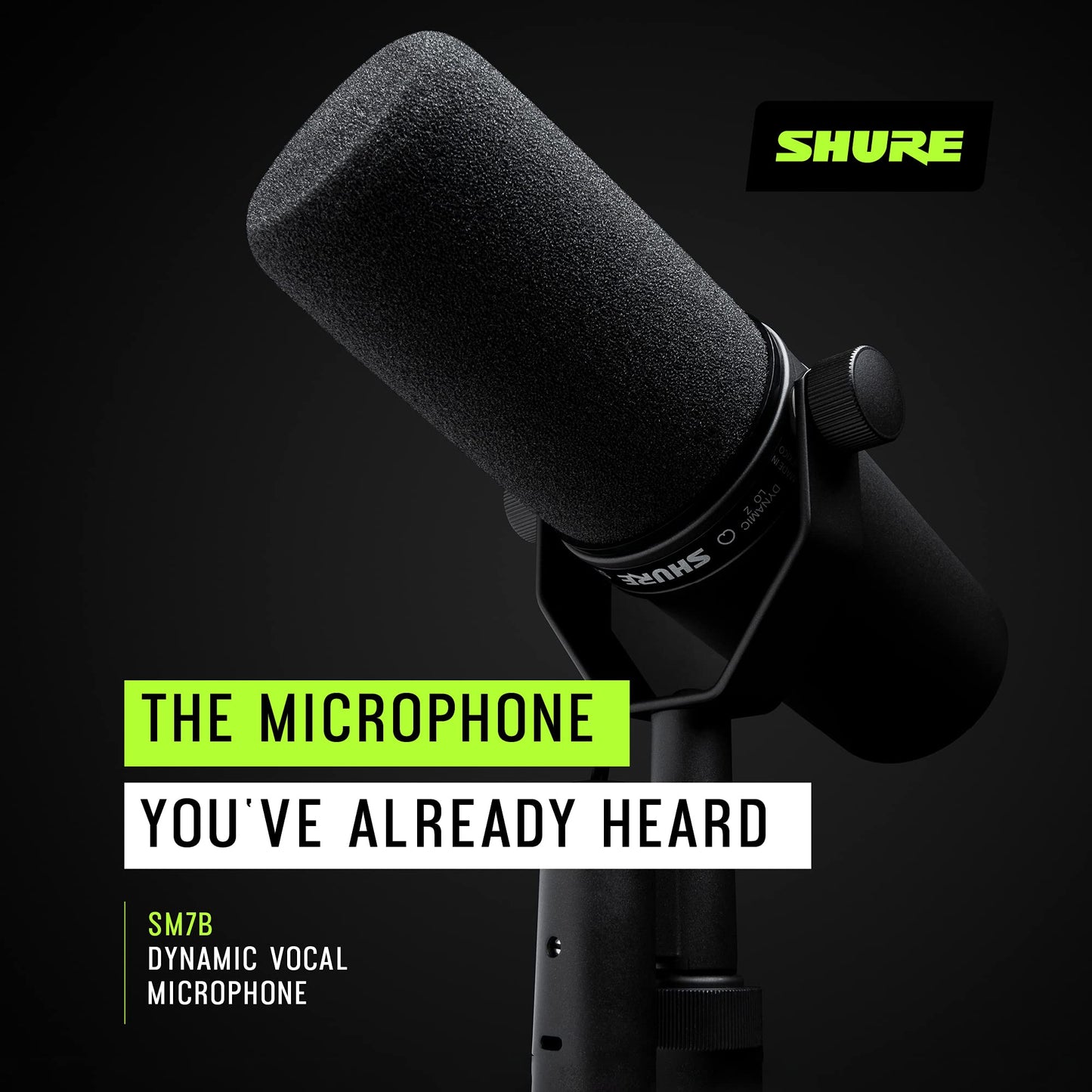 Shure SM7B Vocal Dynamic Microphone Broadcast, Podcast & Recording, XLR Studio Mic Music & Speech, Wide-Range Frequency, Warm & Smooth Sound, Rugged Construction, Detachable Windscreen - Black