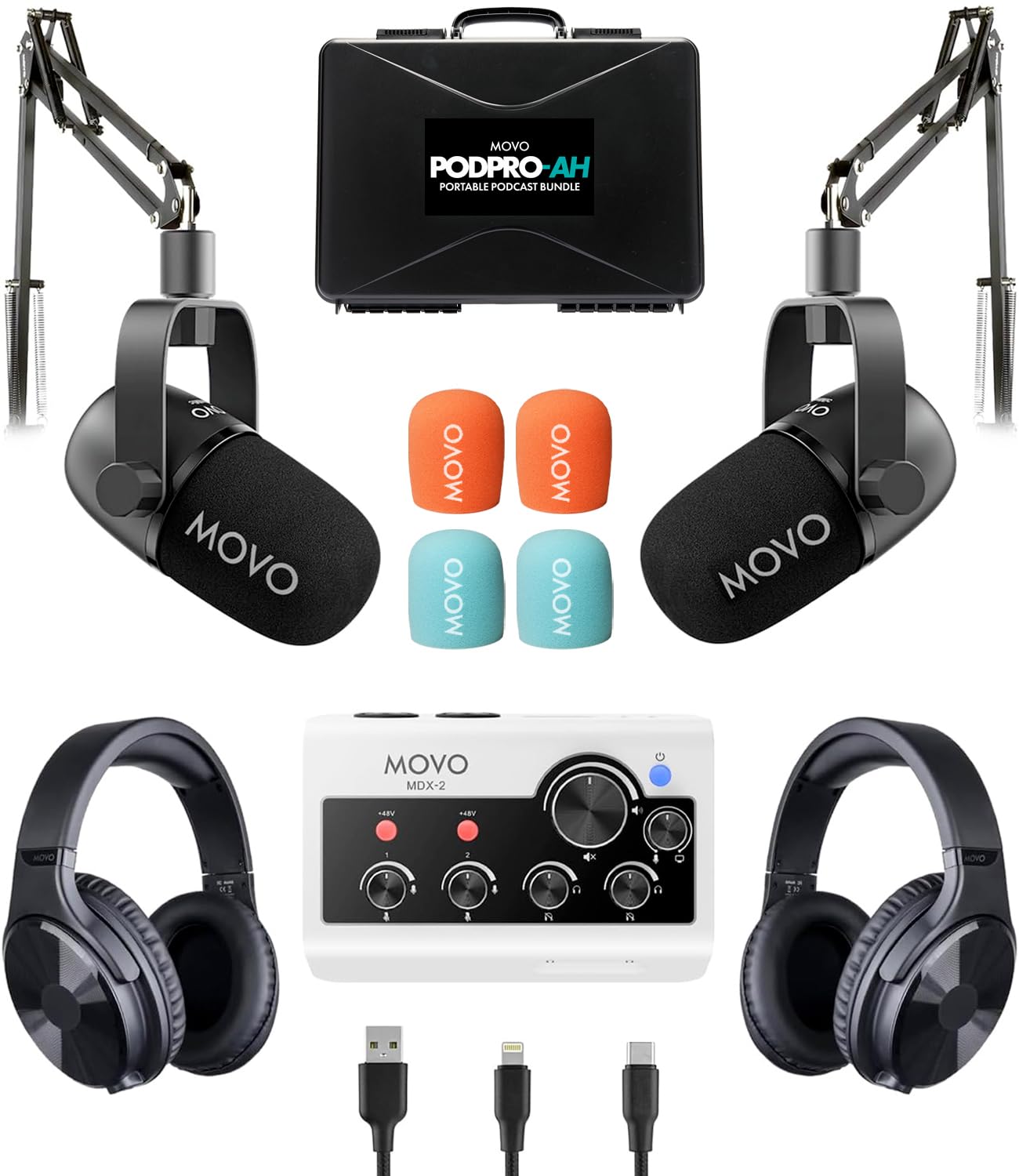 Movo Portable Podcast Equipment Bundle for iPhone/Android Phones- Podcast Kit with Audio Interface, 2 CastMic Dynamic Mics, 2 Headphones, 2 Boom Arms - for Smartphones, Computers, PC and Mac