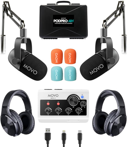 Movo Portable Podcast Equipment Bundle for iPhone/Android Phones- Podcast Kit with Audio Interface, 2 CastMic Dynamic Mics, 2 Headphones, 2 Boom Arms - for Smartphones, Computers, PC and Mac