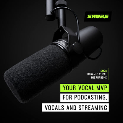 Shure SM7B Vocal Dynamic Microphone Broadcast, Podcast & Recording, XLR Studio Mic Music & Speech, Wide-Range Frequency, Warm & Smooth Sound, Rugged Construction, Detachable Windscreen - Black