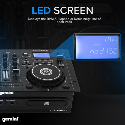 Gemini Sound Cdm-4000Bt Stand Alone Bluetooth Streaming Professional Dj Dual Deck Media Player Mixer Cd/Cdr USB Playback 2 Band EQualizer Manual Looping Sensitive Jog Wheels, Xlr Output, Anti-Shock
