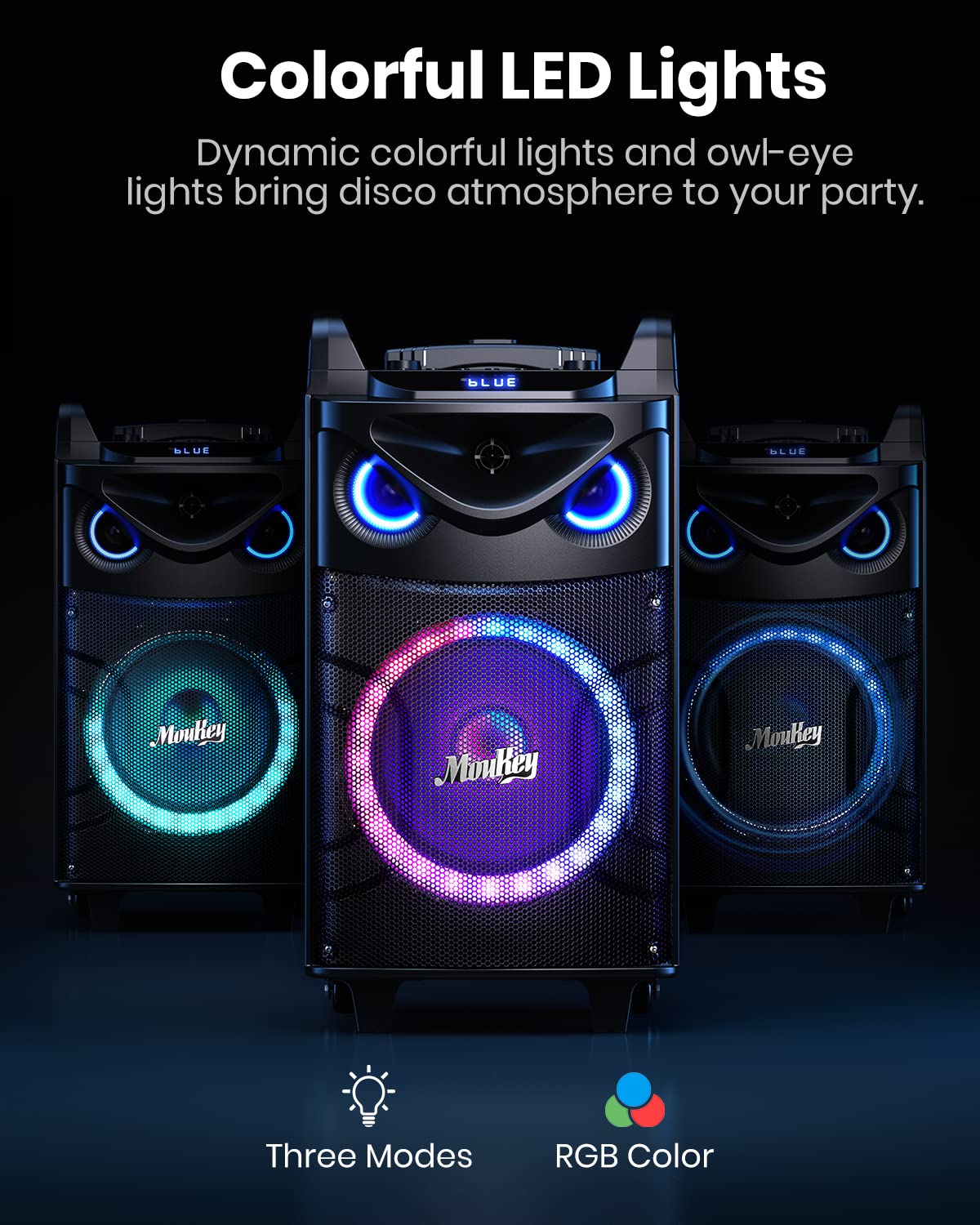 Moukey Karaoke Machine,10 Inch Subwoofer PA System,Bluetooth Speaker with 2 Wireless Microphones,Tablet Holder,Disco Lights,Remote,Wheels,Supports Bass/Treble Adjustment,TWS/REC/AUX/MP3/USB/FM/TF