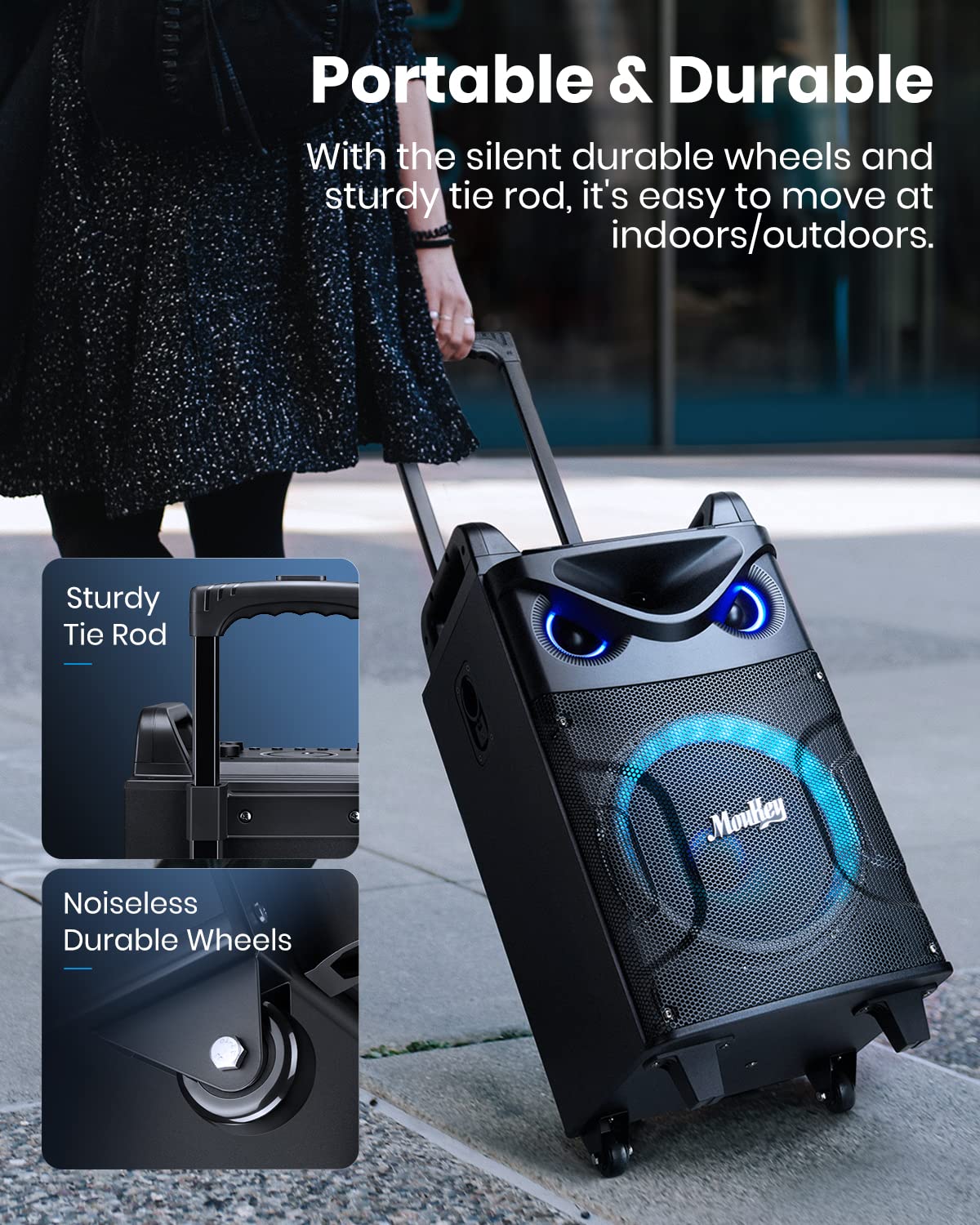 Moukey Karaoke Machine,10 Inch Subwoofer PA System,Bluetooth Speaker with 2 Wireless Microphones,Tablet Holder,Disco Lights,Remote,Wheels,Supports Bass/Treble Adjustment,TWS/REC/AUX/MP3/USB/FM/TF