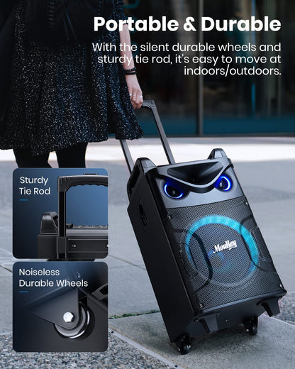 Moukey Karaoke Machine,10 Inch Subwoofer PA System,Bluetooth Speaker with 2 Wireless Microphones,Tablet Holder,Disco Lights,Remote,Wheels,Supports Bass/Treble Adjustment,TWS/REC/AUX/MP3/USB/FM/TF