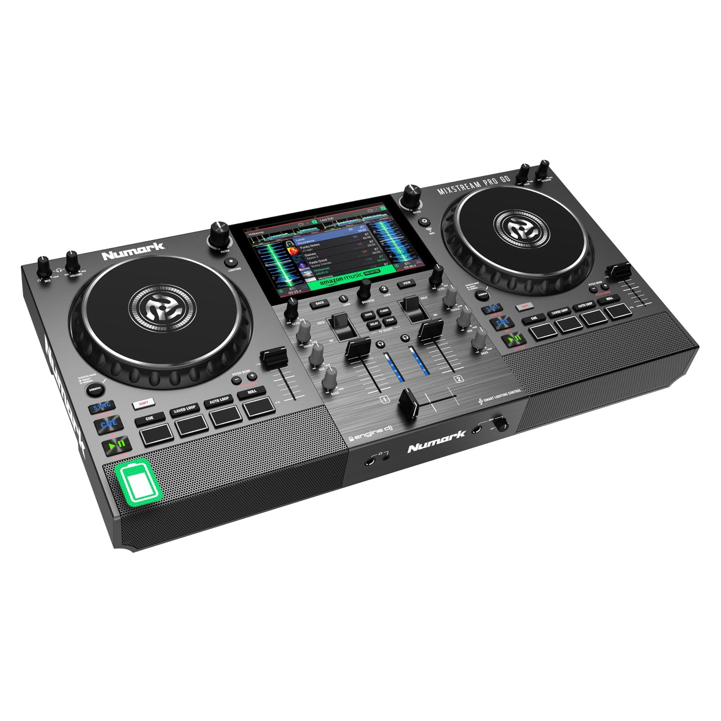Numark Mixstream Pro Go Portable DJ Controller with Battery, Mixer with Stem Separation, Speakers, WiFi Streaming, Touchscreen, works with Serato DJ