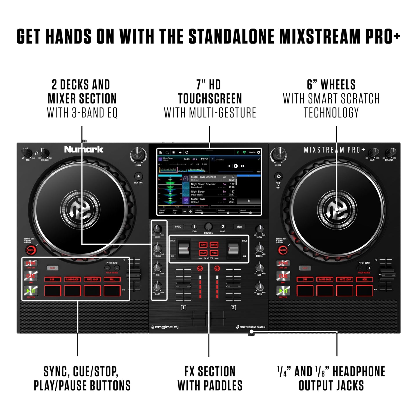 Numark Mixstream Pro+ DJ Controller with Stem Separation, 2 Decks, Wi-Fi Streaming, Mixer, 7" Touchscreen, Speakers, works with Serato and Virtual DJ