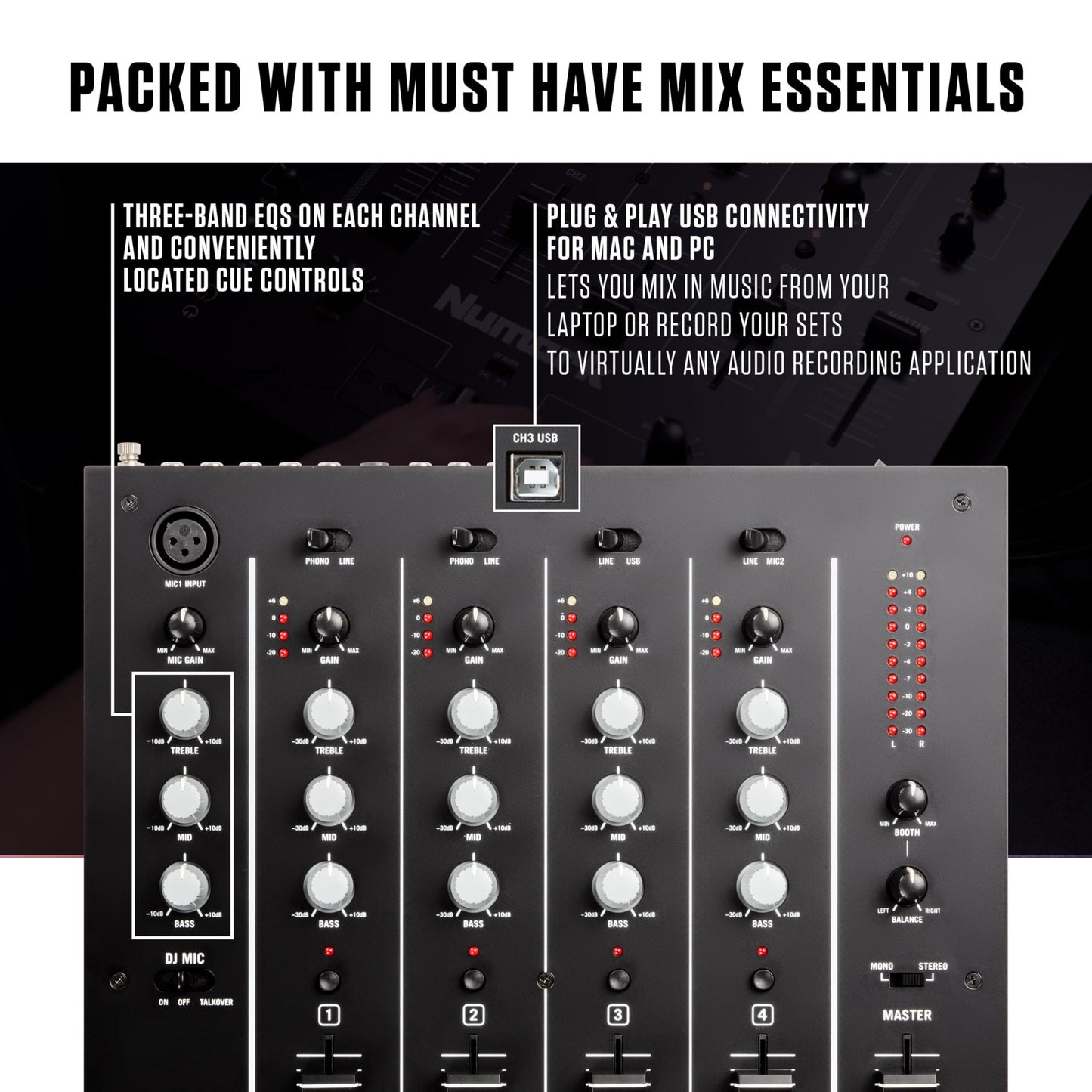 Numark M6 USB - 4-Channel DJ Mixer with Built-In Audio Interface, 3-Band EQ, Microphone Input and Replaceable Crossfader with Slope Control