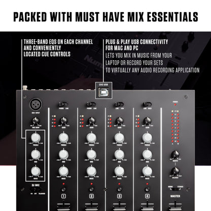 Numark M6 USB - 4-Channel DJ Mixer with Built-In Audio Interface, 3-Band EQ, Microphone Input and Replaceable Crossfader with Slope Control