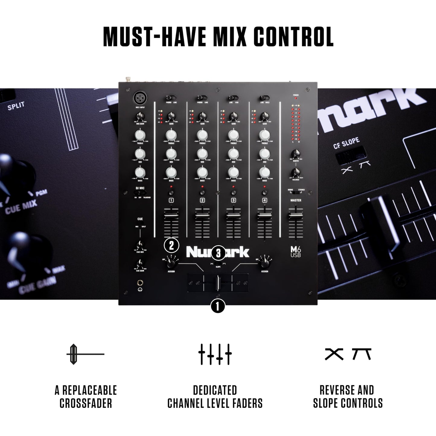 Numark M6 USB - 4-Channel DJ Mixer with Built-In Audio Interface, 3-Band EQ, Microphone Input and Replaceable Crossfader with Slope Control