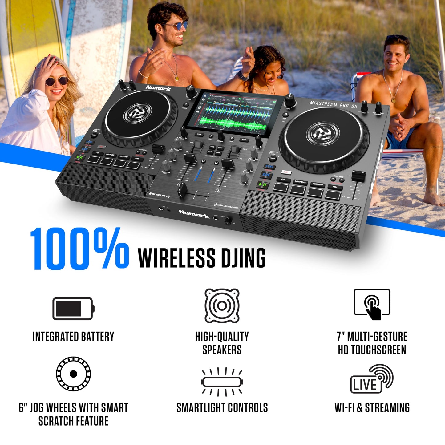 Numark Mixstream Pro Go Portable DJ Controller with Battery, Mixer with Stem Separation, Speakers, WiFi Streaming, Touchscreen, works with Serato DJ