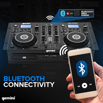 Gemini Sound Cdm-4000Bt Stand Alone Bluetooth Streaming Professional Dj Dual Deck Media Player Mixer Cd/Cdr USB Playback 2 Band EQualizer Manual Looping Sensitive Jog Wheels, Xlr Output, Anti-Shock