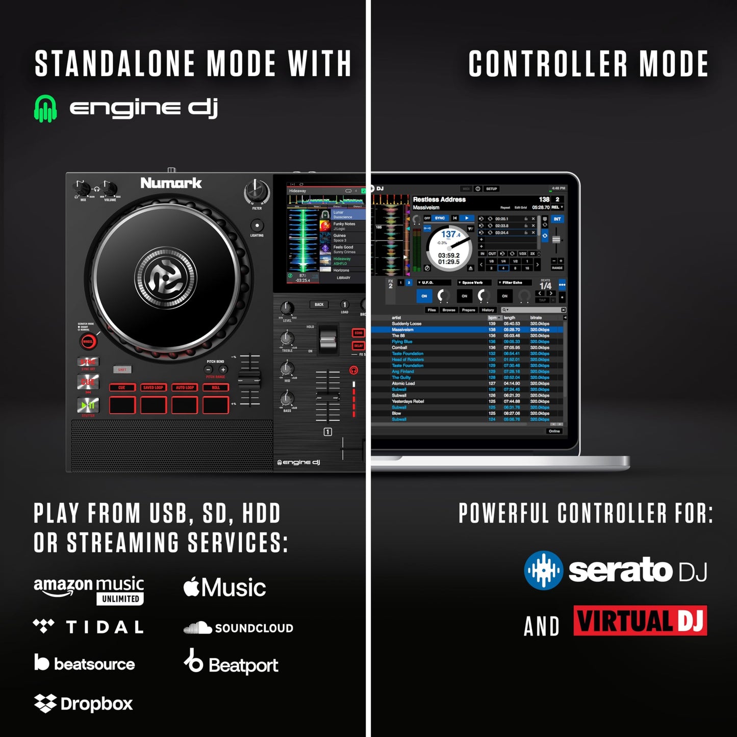 Numark Mixstream Pro+ DJ Controller with Stem Separation, 2 Decks, Wi-Fi Streaming, Mixer, 7" Touchscreen, Speakers, works with Serato and Virtual DJ