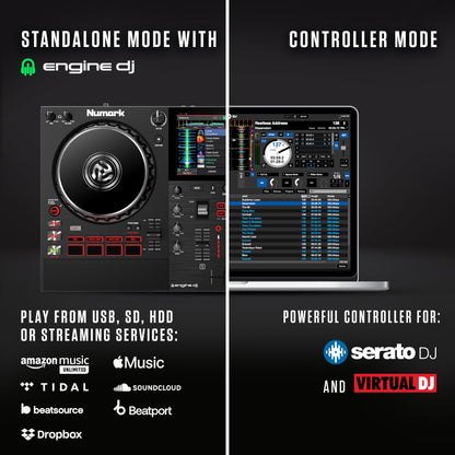 Numark Mixstream Pro+ DJ Controller with Stem Separation, 2 Decks, Wi-Fi Streaming, Mixer, 7" Touchscreen, Speakers, works with Serato and Virtual DJ