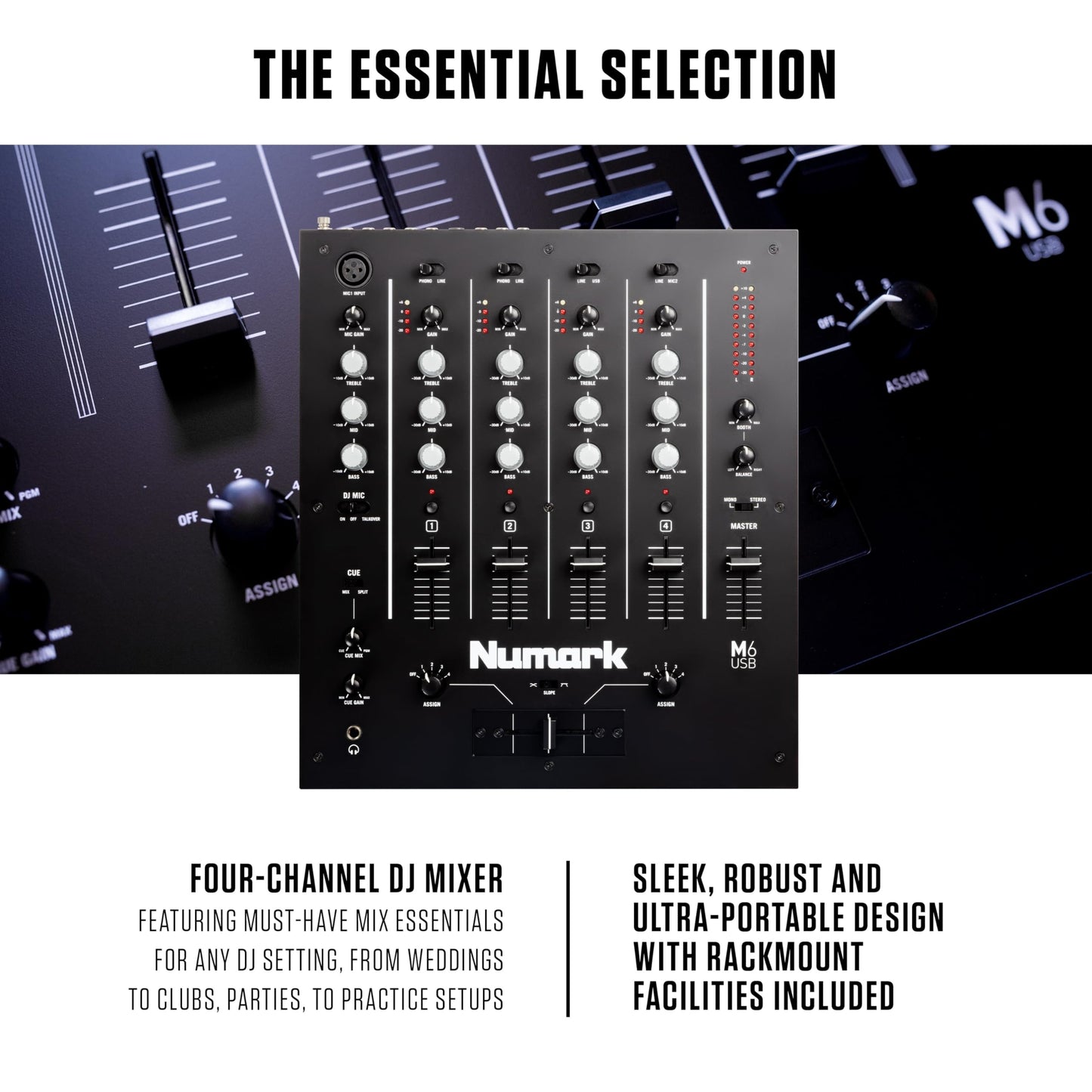 Numark M6 USB - 4-Channel DJ Mixer with Built-In Audio Interface, 3-Band EQ, Microphone Input and Replaceable Crossfader with Slope Control