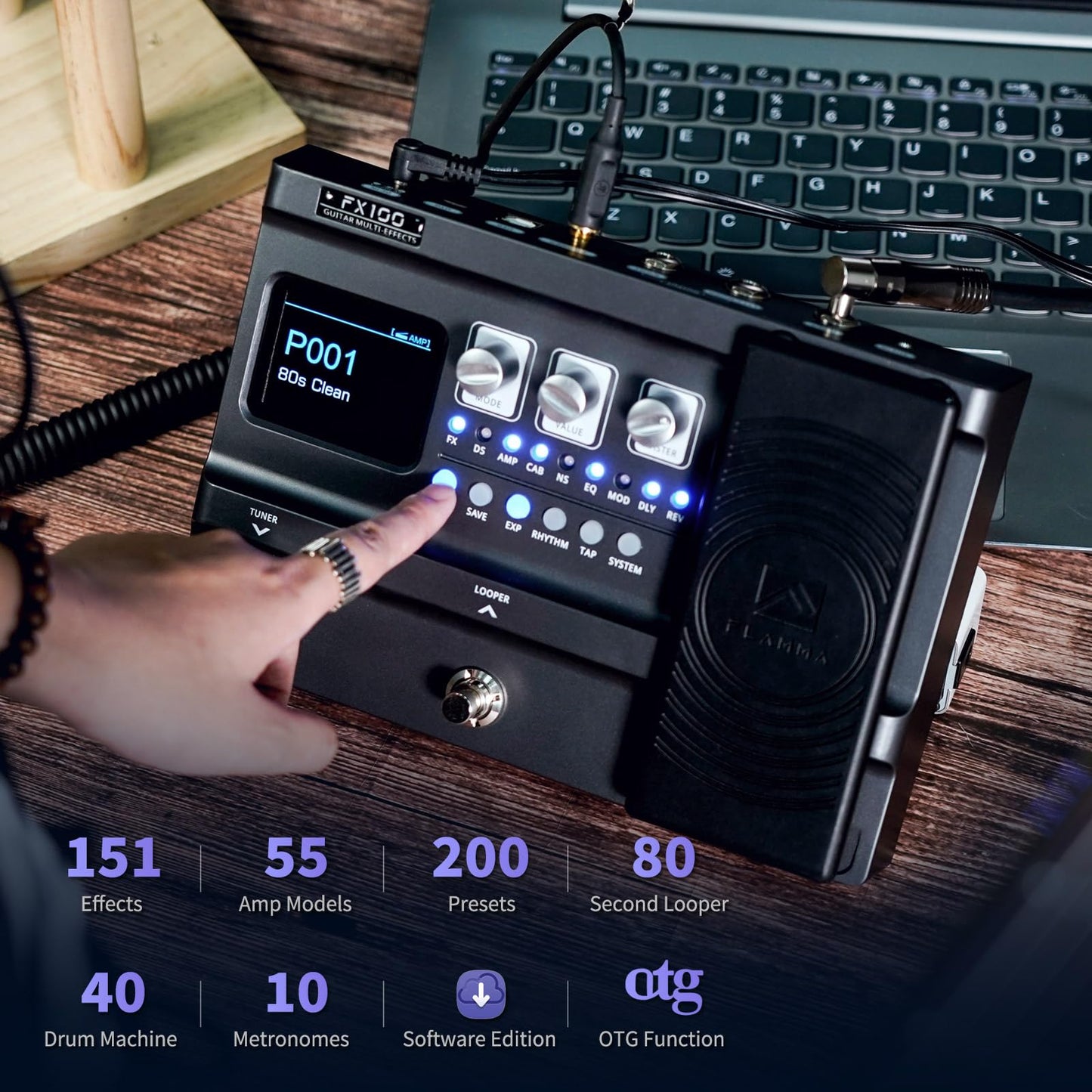 LAMMA FX100 Guitar Pedal Multi-Effects Processor with Looper Amp Modeling 151 Built-In Effects 200 Presets Expression Pedal 3rd Party IR Headphone OTG for Performance Practice Live Streaming