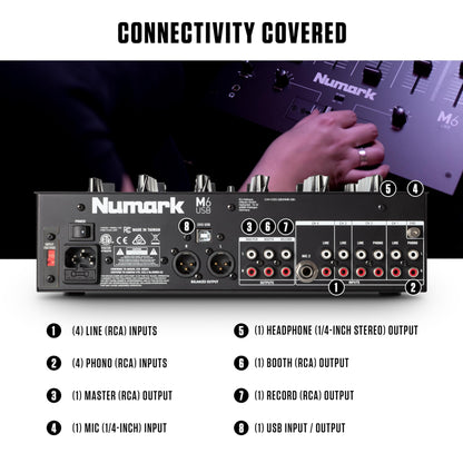 Numark M6 USB - 4-Channel DJ Mixer with Built-In Audio Interface, 3-Band EQ, Microphone Input and Replaceable Crossfader with Slope Control