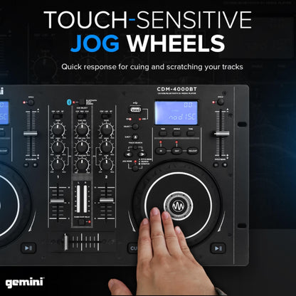 Gemini Sound Cdm-4000Bt Stand Alone Bluetooth Streaming Professional Dj Dual Deck Media Player Mixer Cd/Cdr USB Playback 2 Band EQualizer Manual Looping Sensitive Jog Wheels, Xlr Output, Anti-Shock